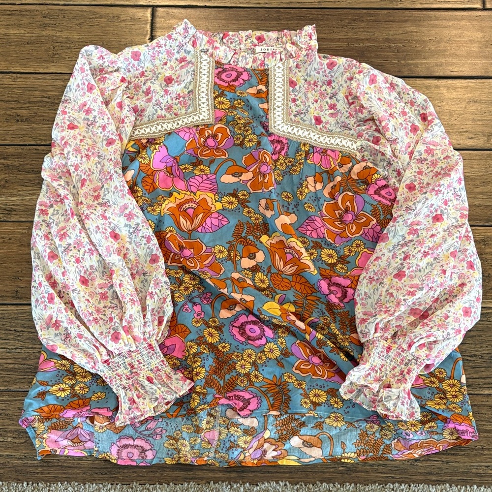 Three Bird Nest Floral Patchwork Blouse in Blue, Pink, Orange